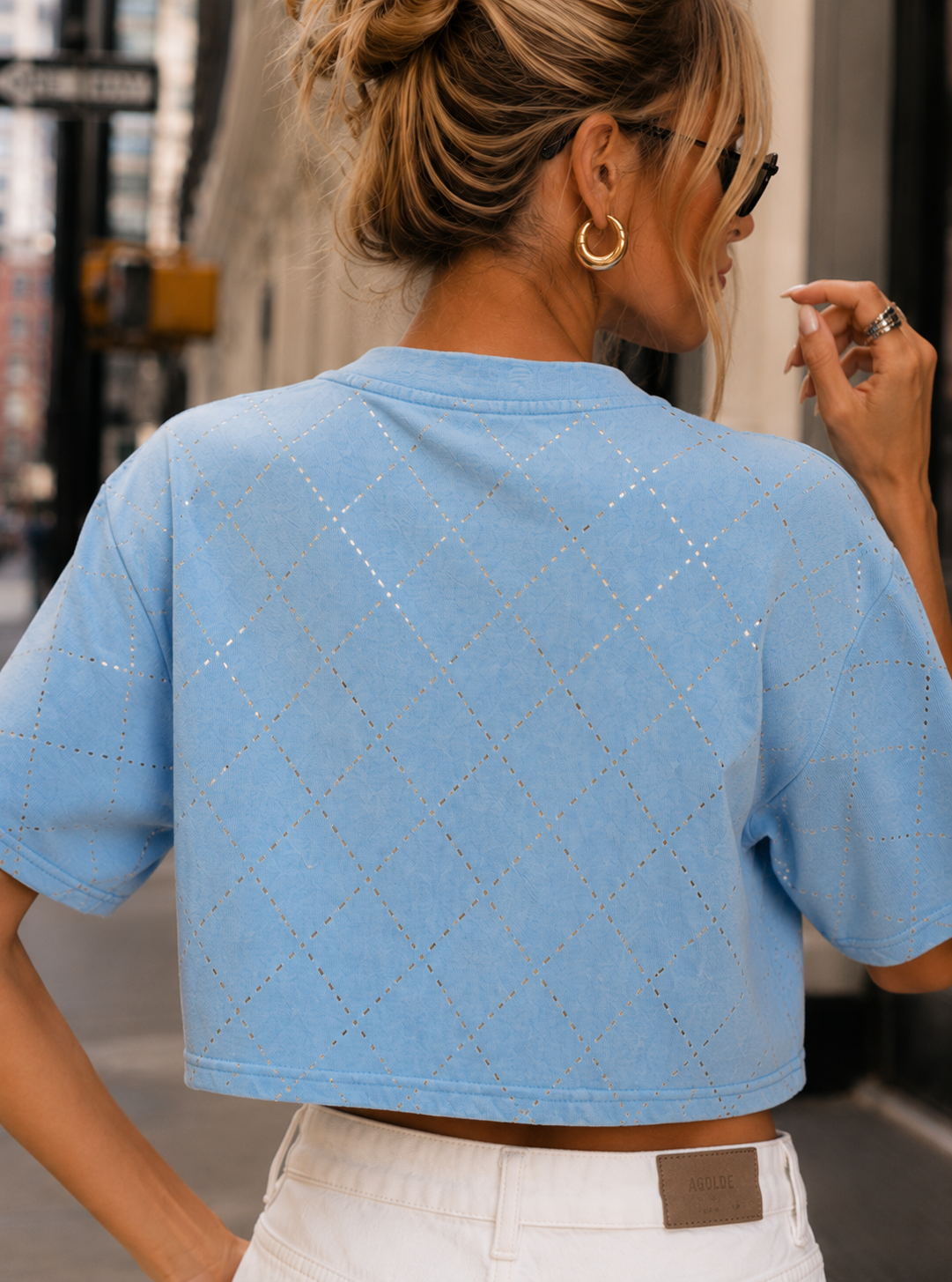 Diamond Studded Cropped Tee - Light Blue