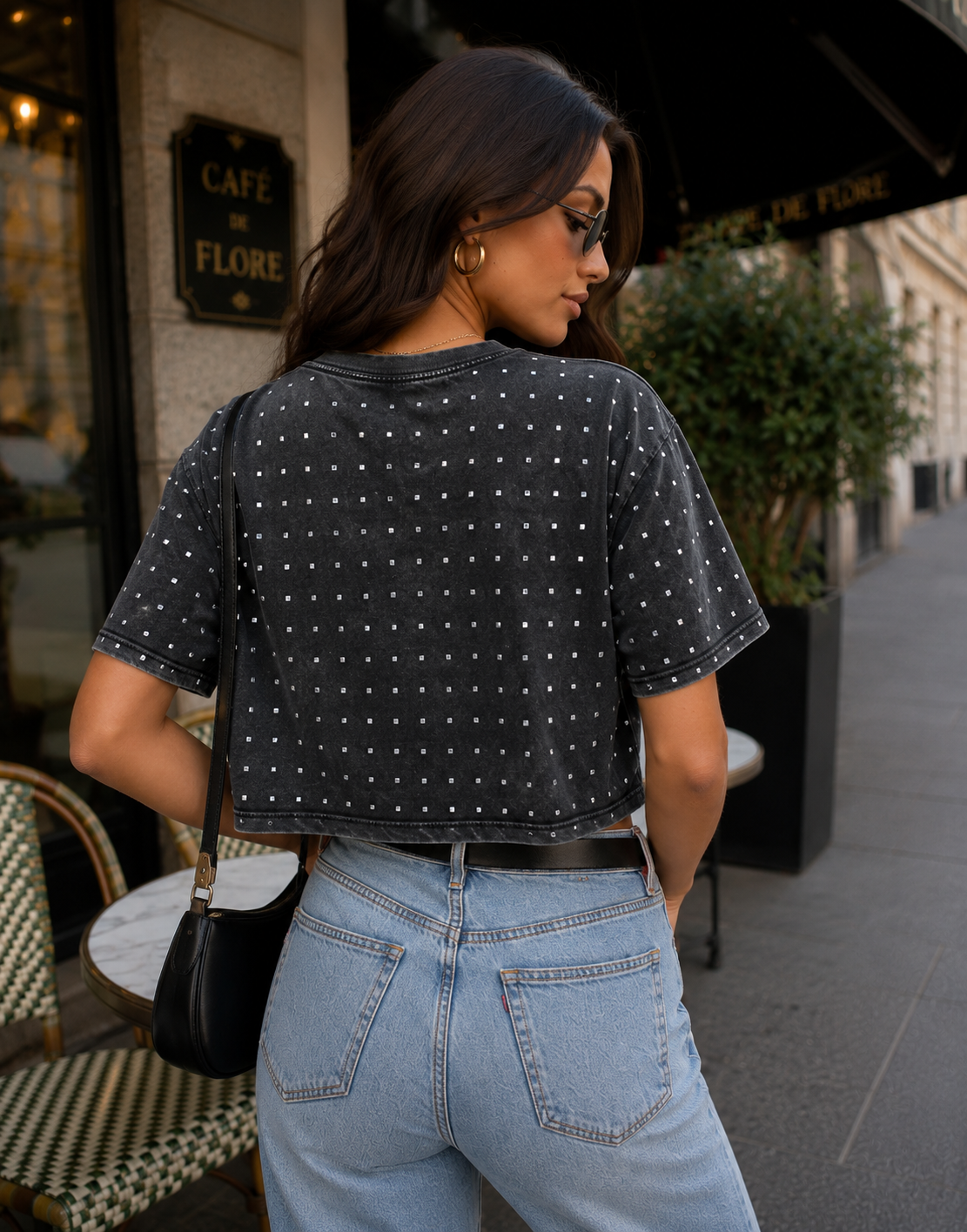 Cropped Studded T Shirt - Black