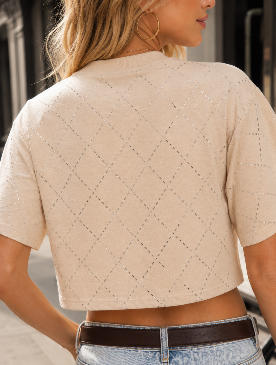 Diamond Studded Cropped Tee - Beige