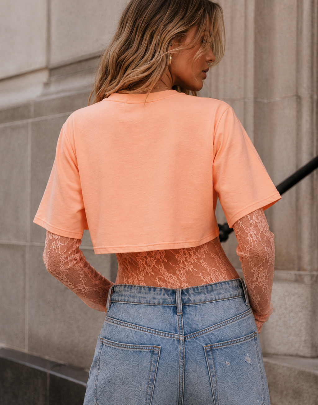 Lace Bodysuit With Boxy Cropped Tee Combo - Peach
