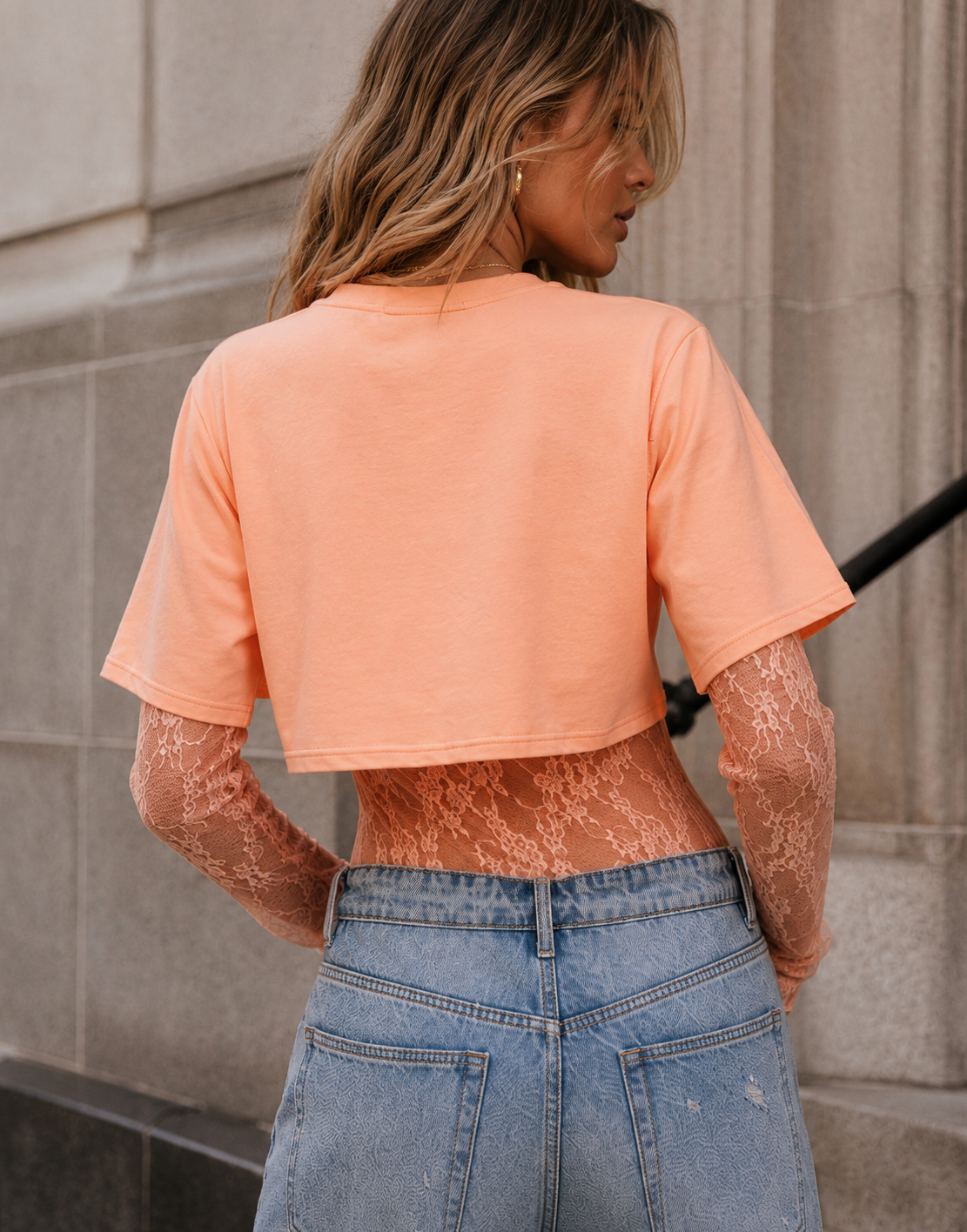 Lace Bodysuit With Boxy Cropped Tee Combo - Peach