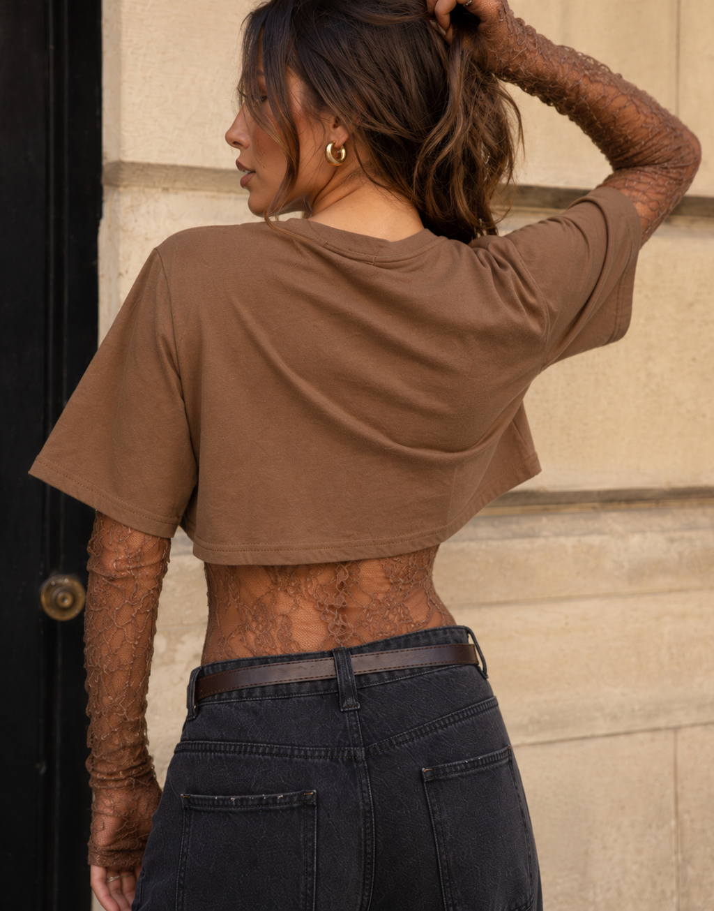 Lace Bodysuit With Boxy Cropped Tee Combo - Brown