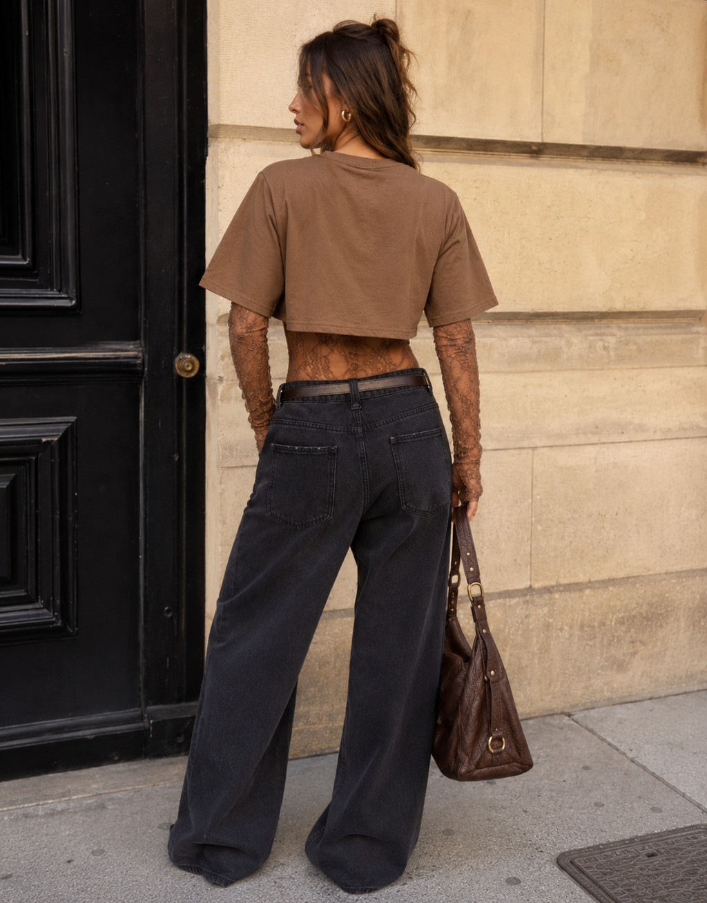 Lace Bodysuit With Boxy Cropped Tee Combo - Brown